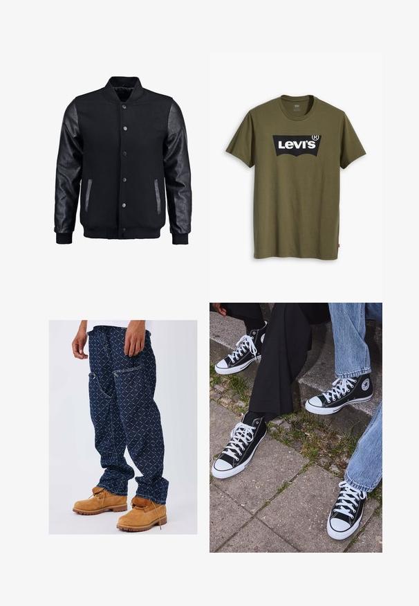 Giubbotto bomber nero con corpo in lana e maniche in pelle. Presenta un colletto alto, bottoni a pressione frontali e tasche laterali. Monocromatico, senza motivi.; T-shirt di cotone verde oliva con un grande logo Levi's nero in una forma semi-arcuata a contrasto sul petto. Vestibilità regolare.; Pantaloni cargo a motivo navale con dettagli in cucitura bianca, dotati di tasche laterali e polsini; abbinati a stivali beige con lacci.; Sneakers alti neri in tela con suole e lacci bianchi, dotati di un logo circolare di lato e abbinati a pantaloni in denim e neri.