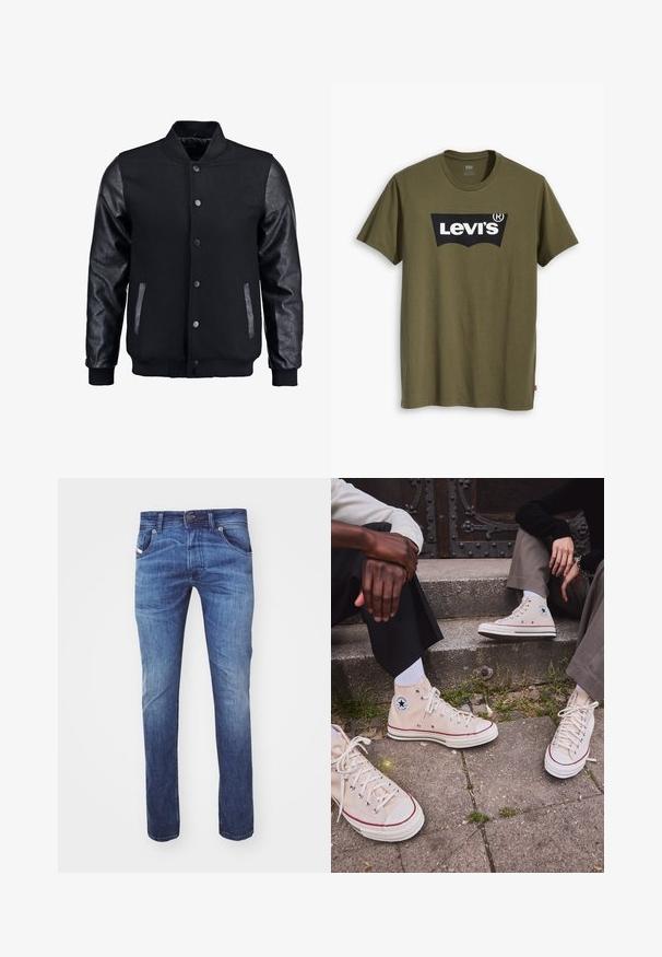 Giubbotto bomber nero con corpo in lana e maniche in pelle. Presenta un colletto alto, bottoni a pressione frontali e tasche laterali. Monocromatico, senza motivi.; T-shirt di cotone verde oliva con un grande logo Levi's nero in una forma semi-arcuata a contrasto sul petto. Vestibilità regolare.; Jeans in denim blu scuro con taglio dritto, dotati di chiusura a bottone, tasche anteriori e leggeri scolorimenti sulle cosce.; Sneakers alte in tela beige con striscia rossa, suola in gomma bianca e occhielli metallici, con l'iconico logo a stella sul lato.