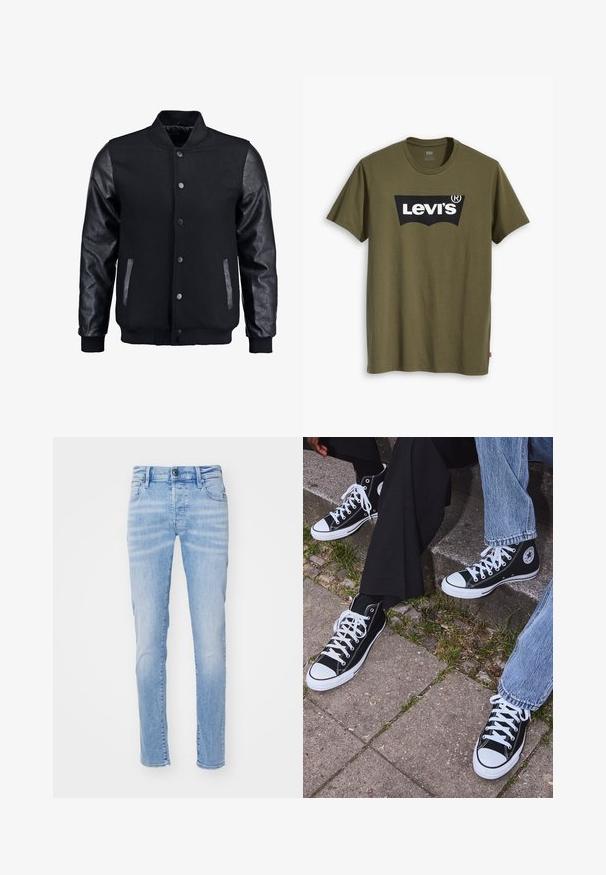 Črna bomberska jakna z volnenim telesom in usnjenimi rokavi. Ima stoječ ovratnik, sprednje snemljive gumbe in stranske žepke. Enobarvna, brez vzorcev.; Olivno zelena bombažna majica s kratkimi rokavi, na prsih pa se nahaja velik črn Levi's logotip v kontrastni polkrožni obliki. Redna prileganost.; Svijetloplave traperice slim fit kroja s pet džepova, ušicama za remen i zatvaranjem na gumb. Tkanina ima mekanu teksturu.; Črne visoke platnene teniske z belimi gumijastimi podplati in vezalkami, z ovalnim logotipom na strani, v kombinaciji z džinsom in črnimi hlačami.