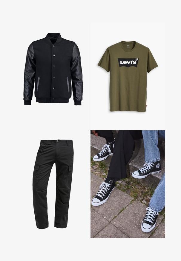 Schwarze Bomberjacke mit Wollkörper und Lederärmeln. Verfügt über einen Stehkragen, vordere Druckknöpfe und Seitentaschen. Einfarbig ohne Muster.; Olivgrünes Baumwoll-T-Shirt mit großem schwarzem Levi's-Logo in einer kontrastierenden, halbkreisförmigen Form über der Brust. Normale Passform.; Schwarze Cargo-Hosen mit geradem Schnitt, aus robustem Stoff, mit mehreren Seitentaschen und einem Knopfverschluss an der Taille.; Schwarzecanvas-Sneaker mit hohem Schaft, weißen Gummisohlen und Schnürsenkeln, die ein rundes Logo an der Seite besitzen und mit Denim- sowie schwarzen Hosen kombiniert sind.