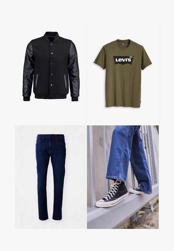 Mustmust on musta jope, millel on villane keha ja nahkvarrukad. Omab seisvat kraed, esisiidme nööpe ja küljetaskuid. Ühtlane värv, ilma mustriteta.; Õliva rohelise puuvillase T-särgiga, millel on suur must Levi'si logo kollase poolkaarekujulisena üle rinna. Regulaarne lõige.; Tumedat sinised teksad sirge säärega, viie tasku ja klassikalise nööbistusuga. Kangas on sileda tekstuuriga ja kergelt pleekinud.; Mustad mustade kõrgete tossudega, millel on valge tallaga ja valged paelad, koos vaba sinise denimidega, mis puhkavad hallil piiridel.