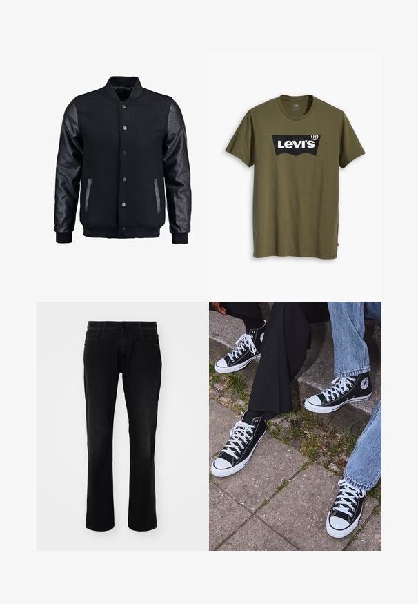 Svart bomberjacka med ullkropp och lädersleeves. Har en stående krage, framknappar med tryckknappar och sidofickor. Enfärgad utan mönster.; Olivgrön bomullst-shirt med en stor svart Levi's-logotyp i en kontrasterande halvbåge över bröstet. Normal passform.; Svarta denimjeans med rak bendesign, fem fickor och knäppning. Tyget har en slät yta med subtil blekning.; Svarta högtopps kanvasskor med vita gummisulor och snören, med en cirkulär logotyp på sidan och kombinerade med jeans och svarta byxor.