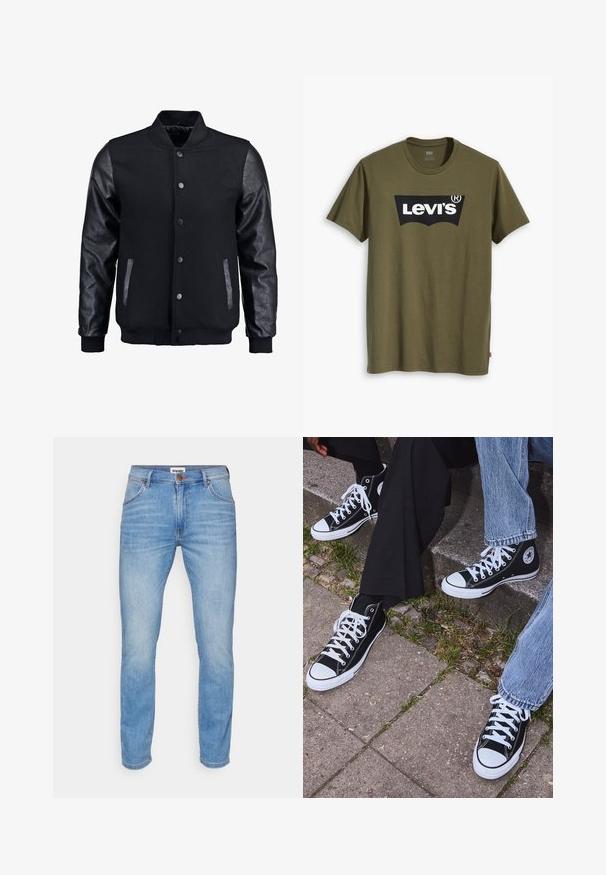 Černá bomber bunda s tělem z vlny a koženými rukávy. Má stojací límec, přední zacvakávací knoflíky a boční kapsy. Jednoduchá barva bez vzorů.; Bavlněné tričko olivově zelené barvy s velkým černým logem Levi's v kontrastním půlkruhovém tvaru přes hrudník. Standardní střih.; Světle modré džíny z denimu se rovnými nohavicemi, se zipem, pěti kapsami a hnědou koženou etiketou na zadním pase.; Černé kanvasové tenisky s vysokým střihem, bílé gumové podrážky a tkaničky, s kulatým logem na boku a spárované s džíny a černými kalhotami.