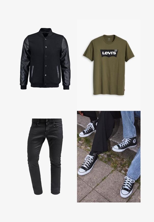 Chaqueta bomber negra con cuerpo de lana y mangas de cuero. Cuenta con un cuello alzado, botones de presión en el frente y bolsillos laterales. Color sólido sin patrones.; Camiseta de algodón verde oliva con un gran logotipo negro de Levi's en una forma semicircular contrastante en el pecho. Corte regular.; Jeans de mezclilla negra con corte slim, que cuentan con cremallera en la bragueta, diseño de cinco bolsillos y una textura sutil para una apariencia refinada.; Zapatillas de lona negras de caña alta con suelas y cordones de goma blanca, con un logo circular en el lado, combinadas con unos pantalones de mezclilla y negros.