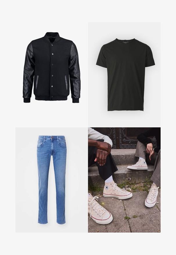 Fekete bomber dzseki gyapjú testtel és bőr ujjal. Jellemzője a felálló gallér, elöl gombos záródás, valamint oldalsó zsebek. Egyszínű, mintázat nélkül.; Fekete pamut póló rövid ujjakkal és kerek nyakkivágással. Sima textúra, minimalista dizájn, és egy címke a nyakkivágás hátsó részén.; Kék farmernadrág egyenes szabással, elülső zsebekkel, egy gombos záródással és enyhe kopással. A szegélyt varrási részletek díszítik.; Magas szárú bézs vászon tornacipő piros csíkkal, fehér gumitalppal és fém fűzőlyukakkal, az oldalukon ikonikus csillaglogóval.
