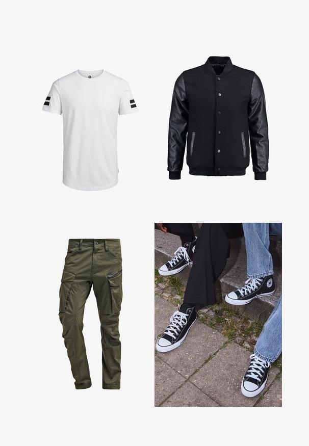 Zwarte bomberjack met een wollen lichaam en leren mouwen. Voorzien van een staande kraag, drukknopen aan de voorkant en zijkanten. Effen kleur zonder patronen.; Jack & Jones JCOBORO TEE CREW NECK - T-shirt print - white; Olijfgroene cargobroek gemaakt van stevig katoen. Beschikt over meerdere zakken, een met rits afgesloten zijzak en taps toelopende pijpen met een licht getextureerde afwerking.; Zwarte canvas sneakers met hoge schacht, witte rubberen zolen en veters, met een cirkelvormig logo aan de zijkant, gecombineerd met denim en zwarte broeken.