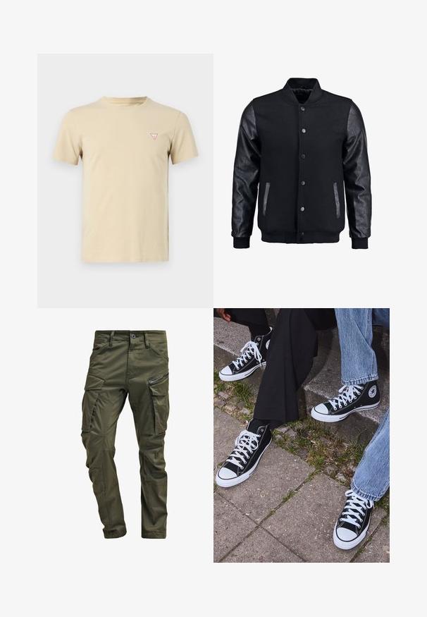 Fekete bomber dzseki gyapjú testtel és bőr ujjal. Jellemzője a felálló gallér, elöl gombos záródás, valamint oldalsó zsebek. Egyszínű, mintázat nélkül.; Beige pamut póló kerek nyakkivágással, rövid ujjakkal és egy kis piros háromszög logóval a bal mellen. Egyszerű dizájn, puha tapintás.; Olíva zöld cargo nadrág, erős pamutból készült. Több zsebbel, egy cipzáras oldalzsebbel és enyhén texturált felülettel ellátott, a szárai felé szűkülnek.; Fekete magas szárú vászon sportcipők fehér gumi talppal és fűzőkkel, az oldalukon kör alakú logóval, farmernadrággal és fekete nadrággal párosítva.