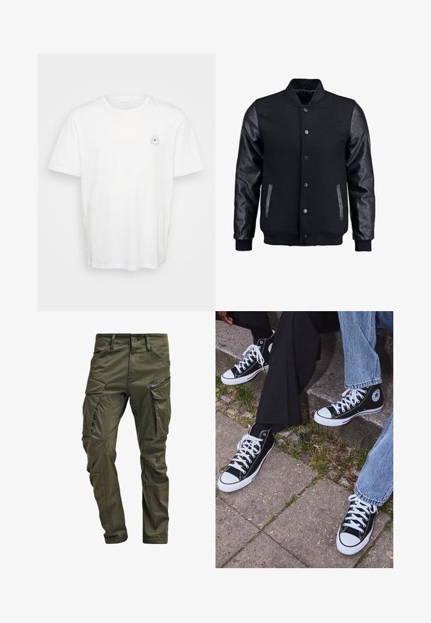 Musta pommittaja takki, jossa villakangasrunko ja nahkahihat. Varustettu pystykovalla, etupainonapeilla ja sivutaskuilla. Yksivärinen, ilman kuvioita.; Valkoinen puuvillapaita, jossa on pyöreä kaula-aukko ja lyhyet hihat. Huomattava graafinen suunnittelu, jossa on silmä säteiden ympäröimänä vasemmassa rinnassa.; Vihreät kangashousut, jotka on valmistettu kestävästä puuvillasta. Ominaisuuksiin kuuluvat useat taskut, vetoketjulla varustettu sivutasku sekä kapenevat lahkeet, joissa on hieman teksturoitu pinta.; Mustat korkeat kangaslenkkarit, joissa on valkoiset kumipohjat ja nauhat, sivussa on pyöreä logo, ja ne on yhdistetty farkkuihin ja mustiin housuihin.