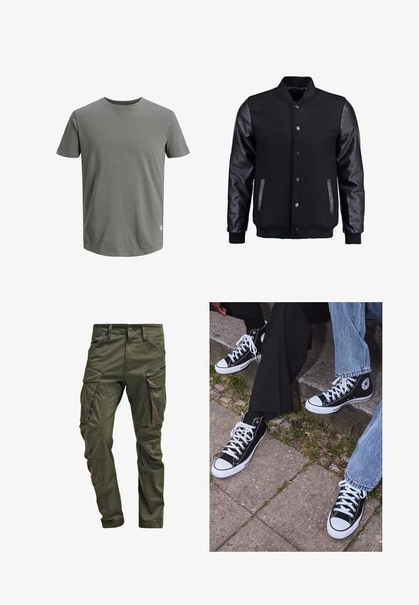Giubbotto bomber nero con corpo in lana e maniche in pelle. Presenta un colletto alto, bottoni a pressione frontali e tasche laterali. Monocromatico, senza motivi.; Jack & Jones JJENOA TEE CREW NECK - T-shirt basic - sedona sage; Pantaloni cargo verde oliva realizzati in cotone robusto. Presentano numerose tasche, una tasca laterale con zip e gambe affusolate con una finitura leggermente strutturata.; Sneakers alti neri in tela con suole e lacci bianchi, dotati di un logo circolare di lato e abbinati a pantaloni in denim e neri.