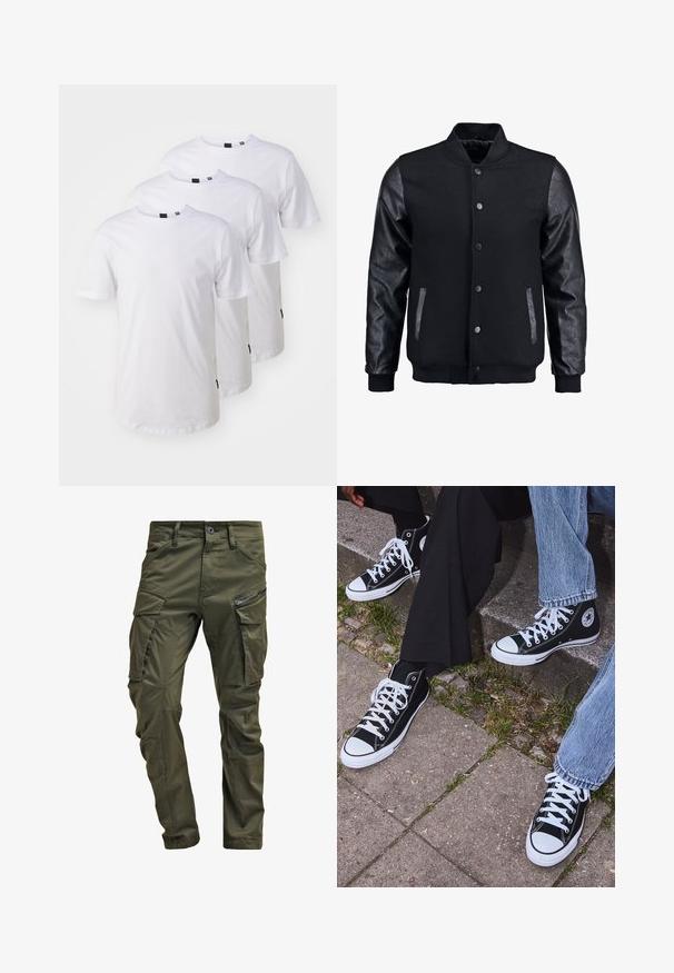 Black bomber jacket with wool body and leather sleeves. Features a standing collar, front snap buttons, and side pockets. Solid color with no patterns.; Three plain white cotton t-shirts with short sleeves, round necklines, and black tags on the bottom hem. Classic fit and smooth texture.; Olive green cargo pants made from sturdy cotton. Features multiple pockets, a zippered side pocket, and tapered legs with a slightly textured finish.; Black high-top canvas sneakers with white rubber soles and laces, featuring a circular logo on the side and paired with denim and black pants.