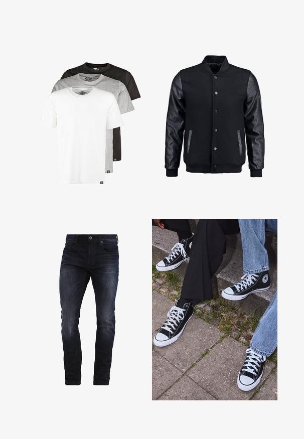 Črna bomberska jakna z volnenim telesom in usnjenimi rokavi. Ima stoječ ovratnik, sprednje snemljive gumbe in stranske žepke. Enobarvna, brez vzorcev.; Dickies 3 PACK - Navadna majica - schwarz/grau/weiß; Temno modri oprijeti kavbojke z rahlim zbledelostmi na stegnih in kolenih, ki imajo sprednje žepe, zanke za pas in gumbasto zapiranje.; Črne visoke platnene teniske z belimi gumijastimi podplati in vezalkami, z ovalnim logotipom na strani, v kombinaciji z džinsom in črnimi hlačami.