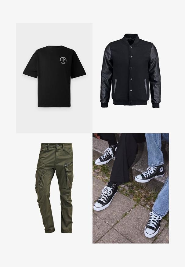 Juodas bomberio tipo švarkas su vilnoniu korpusu ir odinėmis rankovėmis. Savybės: stovintis apykaklė, priekiniai spaudiniai mygtukai ir šoniniai kišenės. Vienodos spalvos, be raštų.; Juodas trumpomis rankovėmis marškinėliai su mažuoju baltu logotipu ant krūtinės, kuriame pavaizduotas kavos puodukas ir tekstas "Cortado Coffee Original 2013."; Olive spalvos cargo kelnės, pagamintos iš tvirto medvilnės. Yra keletas kišenių, šonu užtraukiama kišenė ir siaurėjančios kojos su šiek tiek tekstūruotu paviršiumi.; Juoda aukšta avalynė iš kanvos su baltais guminiais padais ir raišteliais, su apvaliu logotipu šone, derinama su džinsais ir juodomis kelnėmis.