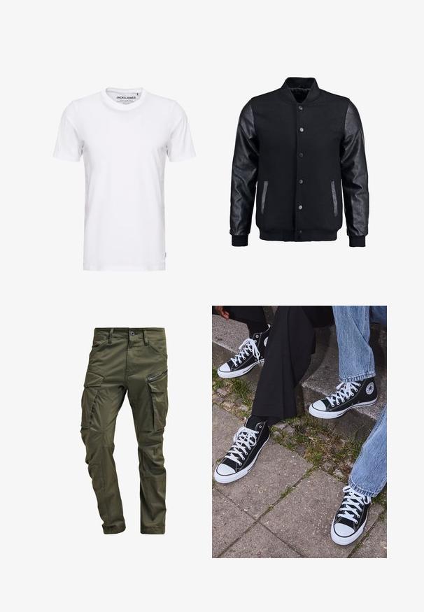 Črna bomberska jakna z volnenim telesom in usnjenimi rokavi. Ima stoječ ovratnik, sprednje snemljive gumbe in stranske žepke. Enobarvna, brez vzorcev.; Bela kratka majica s kratkimi rokavi iz bombaža, s krožnim izrezom in preprostim dizajnom. Oznaka blagovne znamke je vidna na predelu vratu. Brez vzorcev ali poudarkov.; Olivno zelene cargo hlače iz trdnega bombaža. Imajo več žepov, zip žep na strani in zožene noge z rahlo teksturirano površino.; Črne visoke platnene teniske z belimi gumijastimi podplati in vezalkami, z ovalnim logotipom na strani, v kombinaciji z džinsom in črnimi hlačami.