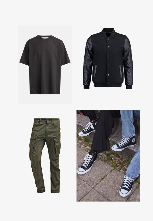 Jachetă bomber neagră cu corp din lână și mâneci din piele. Dispune de un guler în picioare, nasturi pe partea din față și buzunare laterale. Culoare solidă, fără modele.; Tricou din bumbac gri închis, cu guler rotund, mâneci scurte și o croială lejeră. Prezintă detalii de cusătură subtile.; Pantaloni cargo de culoare verde măsliniu, realizați din bumbac rezistent. Prezintă mai multe buzunare, un buzunar lateral cu fermoar și picioare tapered cu un finisaj ușor texturat.; Sneakers negre din pânză până la glezne cu tălpi și șireturi albe, având un logo circular pe lateral și purtate cu blugi și pantaloni negri.