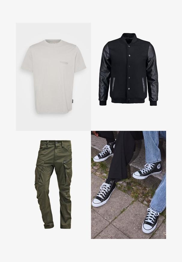 Črna bomberska jakna z volnenim telesom in usnjenimi rokavi. Ima stoječ ovratnik, sprednje snemljive gumbe in stranske žepke. Enobarvna, brez vzorcev.; Svijetlosiva pamučna majica s kratkim rukavima, okruglim izrezom i malim logotipom otisnutim na lijevoj strani prsa. Ima ravni rub i božnu etiketu.; Olivno zelene cargo hlače iz trdnega bombaža. Imajo več žepov, zip žep na strani in zožene noge z rahlo teksturirano površino.; Črne visoke platnene teniske z belimi gumijastimi podplati in vezalkami, z ovalnim logotipom na strani, v kombinaciji z džinsom in črnimi hlačami.