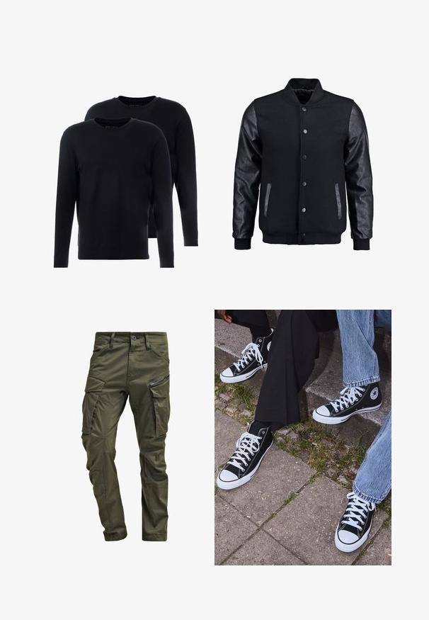Svart bomberjakke med ullkropp og lærærmer. Har stående krage, fronttrykkknapper og sidelommer. Enfarget uten mønstre.; Svart langermet t-skjorter laget av myk bomull. Rund hals, minimalistisk design og normal passform. To skjorter i en pakke.; Olivengrønne cargo-bukser lavet af robust bomuld. Har flere lommer, en lynlåslomme på siden og tætsiddende ben med en let struktureret overflade.; Sorte høyre sneakers i kanvas med hvite gummisåler og snøringer, med et rundt logo på siden og kombinert med denim og sorte bukser.