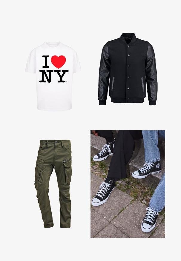 Sort bomberjakke med uldkrop og læderærmer. Har en stående krave, frontknapper og sidelommer. Ensfarvet uden mønstre.; Hvid bomulds t-shirt med korte ærmer, der har fed sort tekst "I NY" og en rød hjerteform, standard crew neck design.; Olivenfarvede cargo-bukser lavet af slidstærk bomuld. Har flere lommer, en lynlåslomme på siden og tapered ben med en let tekstureret overflade.; Sorte høje canvas sneakers med hvide gummisåler og snørebånd, prydet med et cirkulært logo på siden og parret med denim og sorte bukser.