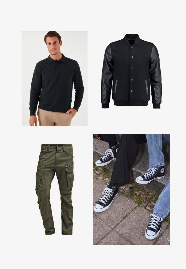 Černá bomber bunda s tělem z vlny a koženými rukávy. Má stojací límec, přední zacvakávací knoflíky a boční kapsy. Jednoduchá barva bez vzorů.; Tmavě šedá polokošile s dlouhým rukávem, s límečkem, tříknoflíkovou légou a žebrovanými manžetami. Hladká látka s mírnou texturou.; Olivově zelené cargo kalhoty vyrobené z pevné bavlny. Obsahují několik kapsiček, boční kapsu na zip a zúžené nohavice s mírně texturovaným povrchem.; Černé kanvasové tenisky s vysokým střihem, bílé gumové podrážky a tkaničky, s kulatým logem na boku a spárované s džíny a černými kalhotami.