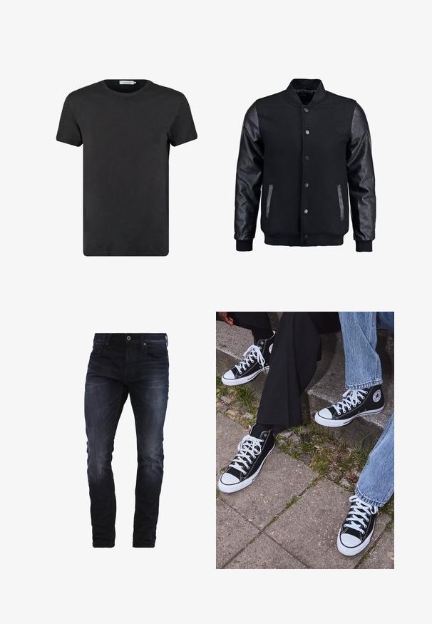 Juodas bomberio tipo švarkas su vilnoniu korpusu ir odinėmis rankovėmis. Savybės: stovintis apykaklė, priekiniai spaudiniai mygtukai ir šoniniai kišenės. Vienodos spalvos, be raštų.; Juodas medvilnės marškinėliai su apvaliu iškirpimu ir trumpomis rankovėmis. Audinys turi lygų paviršių, be raštų ar akcentų. Standartinio kirpimo.; Tamsiai mėlynos siauros kelnes su nedideliu blukimu ant šlaunų ir kelių, su priekinėmis kišenėmis, diržo kilpos ir sagos uždarymu.; Juoda aukšta avalynė iš kanvos su baltais guminiais padais ir raišteliais, su apvaliu logotipu šone, derinama su džinsais ir juodomis kelnėmis.
