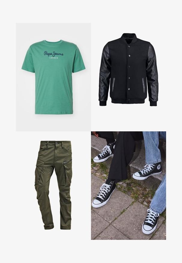 Černá bomber bunda s tělem z vlny a koženými rukávy. Má stojací límec, přední zacvakávací knoflíky a boční kapsy. Jednoduchá barva bez vzorů.; Tealová bavlněná trička s kulatým výstřihem, krátkým rukávem a potiskem loga "Pepe Jeans London" v námořnické modré a bílé barvě přes hrudník.; Olivově zelené cargo kalhoty vyrobené z pevné bavlny. Obsahují několik kapsiček, boční kapsu na zip a zúžené nohavice s mírně texturovaným povrchem.; Černé kanvasové tenisky s vysokým střihem, bílé gumové podrážky a tkaničky, s kulatým logem na boku a spárované s džíny a černými kalhotami.