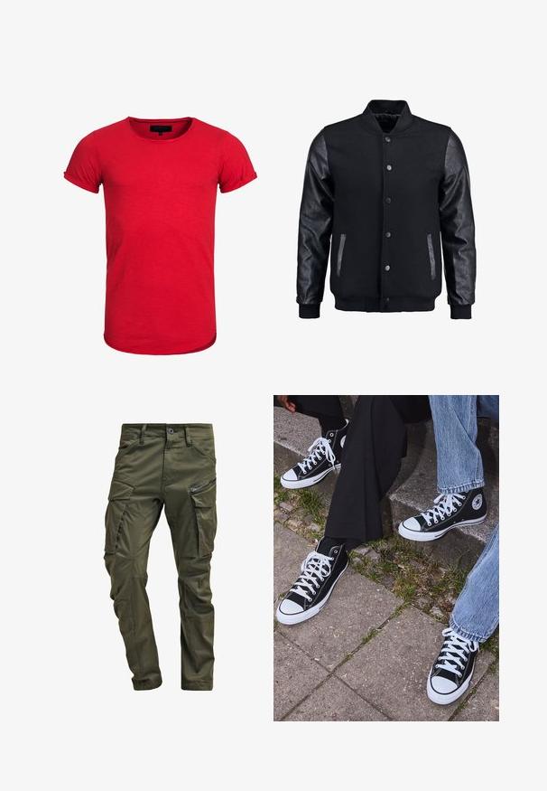 Chaqueta bomber negra con cuerpo de lana y mangas de cuero. Cuenta con un cuello alzado, botones de presión en el frente y bolsillos laterales. Color sólido sin patrones.; Camiseta de algodón roja con cuello redondo, mangas cortas enrolladas y un dobladillo ligeramente curvado. La tela tiene una textura sutil y es ajustada.; Pantalones cargo verde oliva hechos de algodón resistente. Cuenta con múltiples bolsillos, un bolsillo lateral con cremallera y piernas ajustadas con un acabado ligeramente texturizado.; Zapatillas de lona negras de caña alta con suelas y cordones de goma blanca, con un logo circular en el lado, combinadas con unos pantalones de mezclilla y negros.