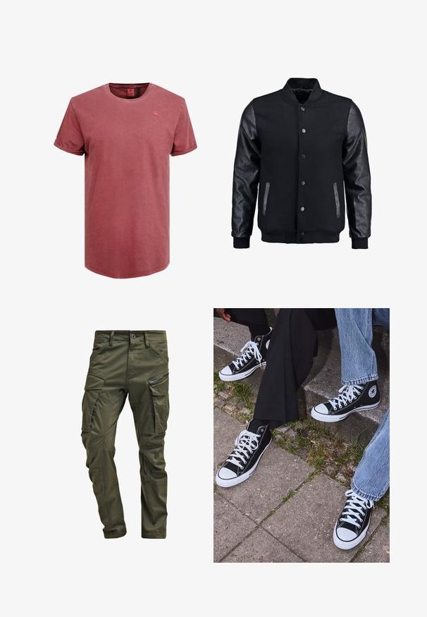 Melns bomber jakas ar vilnas korpusu un ādas piedurknēm. Iespējas ar stāvošu apkakli, priekšējiem pogām un sānu kabatām. Vienkrāsains, bez rakstiem.; Īsām piedurknēm, apaļās formas kakla t-krekls izbalinātā sarkans kokvilnā. Satur nelielu tonālā logotipu uz krūts un sarullētas piedurkņu maliņas. Gluda tekstūra.; Olīvu zaļi kravas bikses, izgatavotas no izturīgas kokvilnas. Iespēj multiple kabatas, ar rāvējslēdzēju sānu kabatu un sašaurinātiem kāju galiem ar nedaudz teksturētu apdari.; Melni augstie kanvas sporta apavi ar baltām gumijas zolemi un šņorēm, ar apļa logotipu sānos, kombinēti ar džinsu un melnām biksēm.
