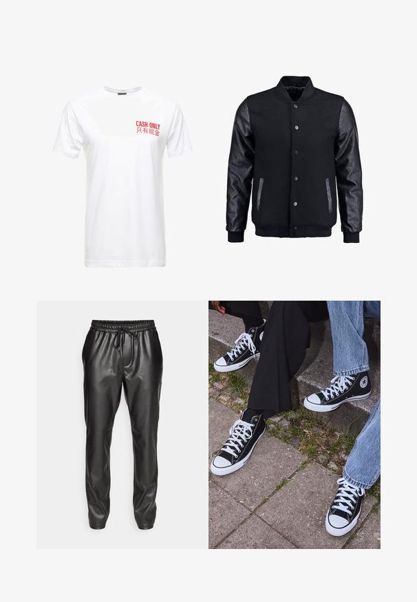 Čierna bomber bunda s vlneným telom a koženými rukávmi. Má stojačikový golier, predné patentky a bočné vrecká. Jednofarebná bez vzorov.; Biela bavlnená tričko s krátkymi rukávmi, s červeným potlačeným textom na ľavej prednej strane s nápisom "LEN HOTOVOSŤ" a jeho čínskym ekvivalentom.; Čierne jogger nohavice z kože s elastickým pásom a nastaviteľnou šnúrkou. Hladká textúra, zúžený strih a manžetové členky.; Čierne vysoké plátenné tenisky s bielymi gumovými podrážkami a šnúrkami, s okrúhlym logom na boku, skombinované s džínsami a čiernymi nohavicami.