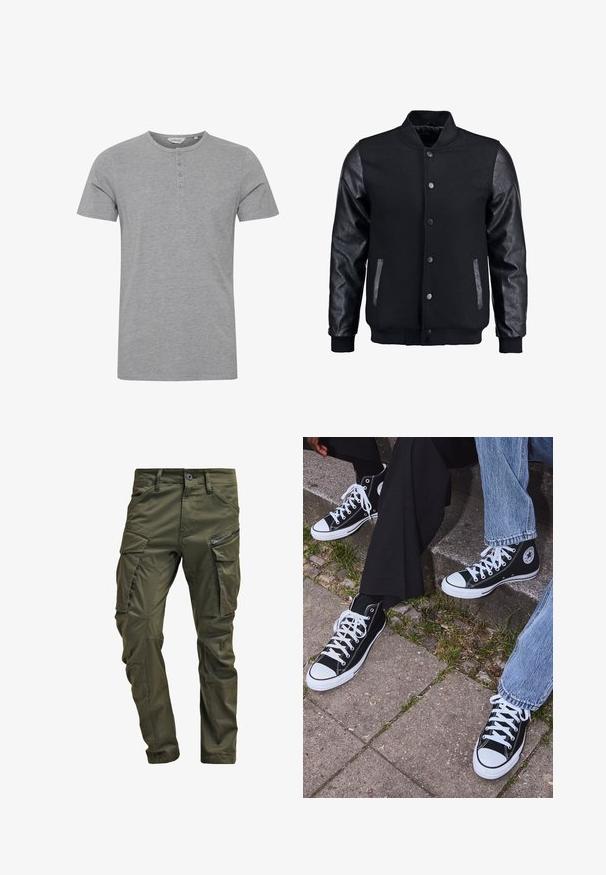 Zwarte bomberjack met een wollen lichaam en leren mouwen. Voorzien van een staande kraag, drukknopen aan de voorkant en zijkanten. Effen kleur zonder patronen.; Grijze T-shirt met korte mouwen, gemaakt van zachte stof, met een ronde halslijn en een detail van vier knopen op de voorkant.; Olijfgroene cargobroek gemaakt van stevig katoen. Beschikt over meerdere zakken, een met rits afgesloten zijzak en taps toelopende pijpen met een licht getextureerde afwerking.; Zwarte canvas sneakers met hoge schacht, witte rubberen zolen en veters, met een cirkelvormig logo aan de zijkant, gecombineerd met denim en zwarte broeken.