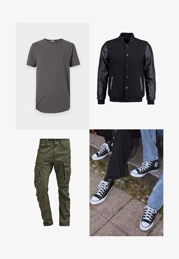 Black bomber jacket with wool body and leather sleeves. Features a standing collar, front snap buttons, and side pockets. Solid color with no patterns.; Black and white striped t-shirt with short sleeves, round neckline, and a rounded hem. Soft fabric with a casual fit. Tag visible inside.; Olive green cargo pants made from sturdy cotton. Features multiple pockets, a zippered side pocket, and tapered legs with a slightly textured finish.; Black high-top canvas sneakers with white rubber soles and laces, featuring a circular logo on the side and paired with denim and black pants.