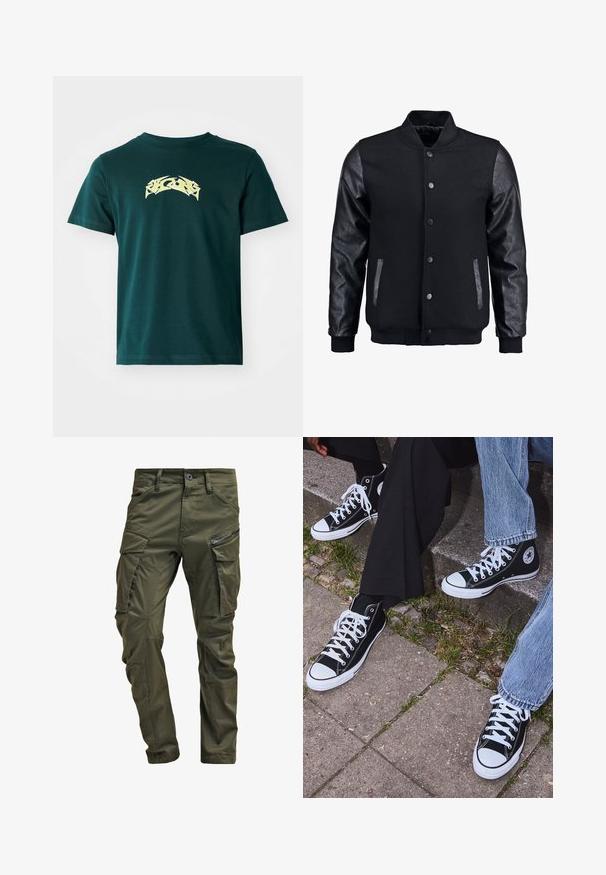 Juodas bomberio tipo švarkas su vilnoniu korpusu ir odinėmis rankovėmis. Savybės: stovintis apykaklė, priekiniai spaudiniai mygtukai ir šoniniai kišenės. Vienodos spalvos, be raštų.; Tamsiai žalia medvilninė marškinėliai su apykakle ir trumpomis rankovėmis. Pabrėžia geltoną grafikos dizainą per krūtinę. Lygus paviršius.; Olive spalvos cargo kelnės, pagamintos iš tvirto medvilnės. Yra keletas kišenių, šonu užtraukiama kišenė ir siaurėjančios kojos su šiek tiek tekstūruotu paviršiumi.; Juoda aukšta avalynė iš kanvos su baltais guminiais padais ir raišteliais, su apvaliu logotipu šone, derinama su džinsais ir juodomis kelnėmis.