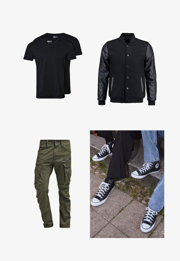 Giubbotto bomber nero con corpo in lana e maniche in pelle. Presenta un colletto alto, bottoni a pressione frontali e tasche laterali. Monocromatico, senza motivi.; T-shirt neri a scollo a V realizzati in tessuto misto cotone. Maniche corte, vestibilità rilassata e texture liscia. Il pacco include due magliette.; Pantaloni cargo verde oliva realizzati in cotone robusto. Presentano numerose tasche, una tasca laterale con zip e gambe affusolate con una finitura leggermente strutturata.; Sneakers alti neri in tela con suole e lacci bianchi, dotati di un logo circolare di lato e abbinati a pantaloni in denim e neri.