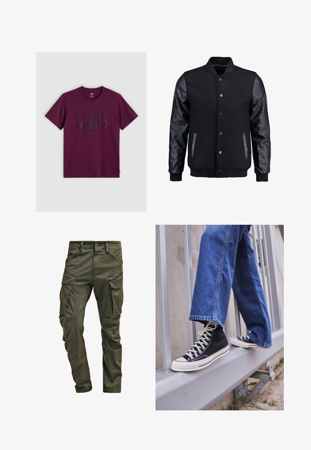 Chaqueta bomber negra con cuerpo de lana y mangas de cuero. Cuenta con un cuello alzado, botones de presión en el frente y bolsillos laterales. Color sólido sin patrones.; Camiseta burdeos de algodón, con un gran logotipo en relieve de LEVI'S en el pecho. Cuello redondo clásico y mangas cortas.; Pantalones cargo verde oliva hechos de algodón resistente. Cuenta con múltiples bolsillos, un bolsillo lateral con cremallera y piernas ajustadas con un acabado ligeramente texturizado.; Zapatillas de deporte negras de caña alta con suela y cordones blancos, combinadas con unos vaqueros de denim azul holgados, apoyadas en una barandilla gris.