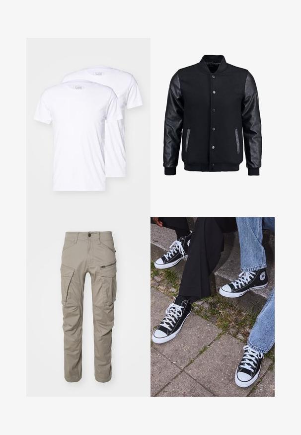 Mustmust on musta jope, millel on villane keha ja nahkvarrukad. Omab seisvat kraed, esisiidme nööpe ja küljetaskuid. Ühtlane värv, ilma mustriteta.; Kaks valget puuvillast lühikeste varrukatega T-särki, ümmarguste kaelustega ja Lee brändimisega siltidel. Sile tekstuur, klassikaline istuvus, lisamustingid puuduvad.; Heledad hall hallide taskupüksid, mis on valmistatud vastupidavast kangast. Omab mitu taskut, lukuga küljetaskut ja tugevdatud põlvealasid. Tavaline lõige.; Mustad musta värvi kõrged kanvasist tossud valgete kummitaldade ja nööridega, külgedel ringikujuline logo ning kombineeritud denimist ja mustade pükstega.