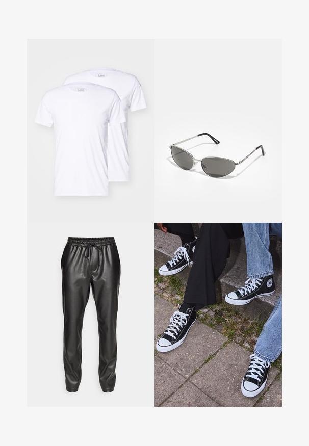 Zwarte bomberjack met een wollen lichaam en leren mouwen. Voorzien van een staande kraag, drukknopen aan de voorkant en zijkanten. Effen kleur zonder patronen.; Twee witte katoenen t-shirts met korte mouwen, ronde halsen en Lee merk op de labels. Glad textuur, klassieke pasvorm, geen extra patronen.; Zwarte leren joggerbroeken met een elastische tailleband en verstelbaar trekkoord. Gladde textuur, taps toelopende pasvorm en opgerolde enkels.; Zwarte canvas sneakers met hoge schacht, witte rubberen zolen en veters, met een cirkelvormig logo aan de zijkant, gecombineerd met denim en zwarte broeken.; Zonnebril met een slank, zilveren metalen frame, grijs getinte lenzen en een aerodynamisch ontwerp met puntige randen en dunne pootjes.