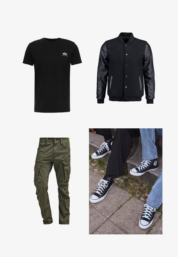 Svart bomberjakke med ullkropp og lærærmer. Har stående krage, fronttrykkknapper og sidelommer. Enfarget uten mønstre.; Svart bomull T-skjorte med rund hals, korte ermer og en liten hvit logo med geometriske former på venstre bryst.; Olivengrønne cargo-bukser lavet af robust bomuld. Har flere lommer, en lynlåslomme på siden og tætsiddende ben med en let struktureret overflade.; Sorte høyre sneakers i kanvas med hvite gummisåler og snøringer, med et rundt logo på siden og kombinert med denim og sorte bukser.