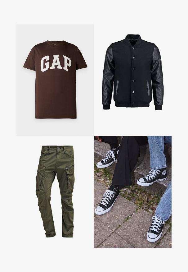 Zwarte bomberjack met een wollen lichaam en leren mouwen. Voorzien van een staande kraag, drukknopen aan de voorkant en zijkanten. Effen kleur zonder patronen.; Bruine katoenen T-shirt met een witte "GAP"-logo in een vet, collegiaal lettertype. Korte mouwen en een ronde hals. Gladde textuur.; Olijfgroene cargobroek gemaakt van stevig katoen. Beschikt over meerdere zakken, een met rits afgesloten zijzak en taps toelopende pijpen met een licht getextureerde afwerking.; Zwarte canvas sneakers met hoge schacht, witte rubberen zolen en veters, met een cirkelvormig logo aan de zijkant, gecombineerd met denim en zwarte broeken.