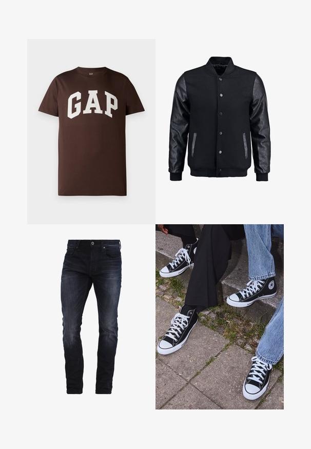 Czarna kurtka bombowca z wełnianym korpusem i skórzanymi rękawami. Posiada stójkę, zapięcie na napy z przodu i boczne kieszenie. Jednolity kolor, bez wzorów.; Brązowa bawełniana koszulka z krótkim rękawem z białym logo "GAP" w wyrazistej, akademickiej czcionce. Okrągły dekolt. Gładka tekstura.; Ciemnoniebieskie dżinsy slim fit z lekkim wyblaknięciem na udach i kolanach, z przednimi kieszeniami, paskami na pasek i zapięciem na guzik.; Czarne wysokie trampki z kanwy z białymi gumowymi podeszwami i sznurówkami, z okrągłym logo z boku, w zestawie z dżinsami i czarnymi spodniami.