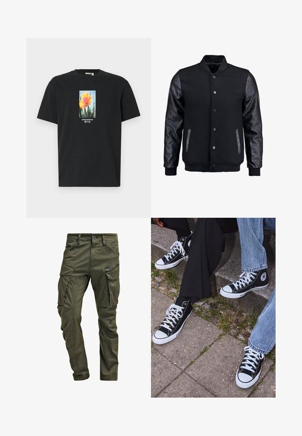 Schwarze Bomberjacke mit Wollkörper und Lederärmeln. Verfügt über einen Stehkragen, vordere Druckknöpfe und Seitentaschen. Einfarbig ohne Muster.; Schwarz Baumwoll-T-Shirt mit einem zentralen floralen Grafik de orangefarbener Blumen mit grünen Stängeln, akzentuiert mit Text in Weiß und Blau.; Olivgrüne Cargo-Hosen aus strapazierfähiger Baumwolle. Sie verfügen über mehrere Taschen, eine mit Reißverschluss versehene Seitentasche und ein tapered Bein mit einer leicht strukturierten Oberflächenbeschaffenheit.; Schwarzecanvas-Sneaker mit hohem Schaft, weißen Gummisohlen und Schnürsenkeln, die ein rundes Logo an der Seite besitzen und mit Denim- sowie schwarzen Hosen kombiniert sind.