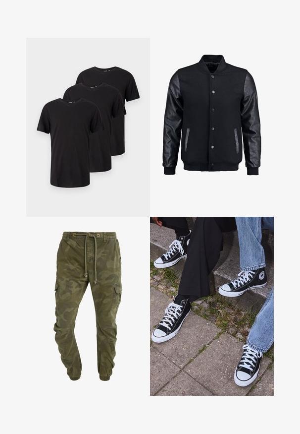 Black bomber jacket with wool body and leather sleeves. Features a standing collar, front snap buttons, and side pockets. Solid color with no patterns.; Three plain black short-sleeve crew neck t-shirts, arranged in a staggered overlapping layout on a white background.; Camo-patterned green cargo pants with a drawstring waist, elastic cuffs, and side pockets. Made from durable fabric.; Black high-top canvas sneakers with white rubber soles and laces, featuring a circular logo on the side and paired with denim and black pants.