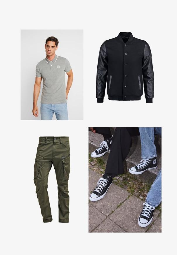 Sort bomberjakke med uldkrop og læderærmer. Har en stående krave, frontknapper og sidelommer. Ensfarvet uden mønstre.; Grå polo skjorte med hvide detaljer, kortærmet og et lille logo print på brystet. Lavet af struktureret stof, med krave og knapper.; Olivenfarvede cargo-bukser lavet af slidstærk bomuld. Har flere lommer, en lynlåslomme på siden og tapered ben med en let tekstureret overflade.; Sorte høje canvas sneakers med hvide gummisåler og snørebånd, prydet med et cirkulært logo på siden og parret med denim og sorte bukser.