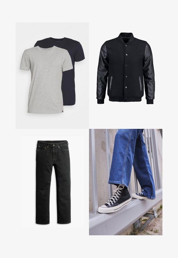 Czarna kurtka bombowca z wełnianym korpusem i skórzanymi rękawami. Posiada stójkę, zapięcie na napy z przodu i boczne kieszenie. Jednolity kolor, bez wzorów.; Dwie koszulki z okrągłym dekoltem: jedna w kolorze heather gray, druga w kolorze granatowym. Obie mają krótkie rękawy, wykonane są z bawełnianego materiału o gładkiej fakturze i standardowym kroju.; Czarne dżinsy ze prostymi nogawkami, z pięcioma kieszeniami, szlufkami na pasek i zapięciem na guzik w pasie, leżące na białym tle.; Czarne sneakersy za kostkę z białą podeszwą i sznurówkami, w połączeniu z luźnymi niebieskimi dżinsami, opierające się na szarym balustradzie.