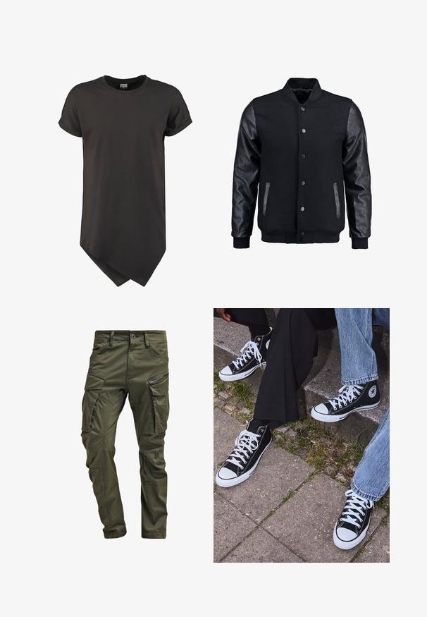 Chaqueta bomber negra con cuerpo de lana y mangas de cuero. Cuenta con un cuello alzado, botones de presión en el frente y bolsillos laterales. Color sólido sin patrones.; Camiseta negra de manga corta fabricada en tejido suave, con un dobladillo curvado y un corte casual con mangas enrolladas.; Pantalones cargo verde oliva hechos de algodón resistente. Cuenta con múltiples bolsillos, un bolsillo lateral con cremallera y piernas ajustadas con un acabado ligeramente texturizado.; Zapatillas de lona negras de caña alta con suelas y cordones de goma blanca, con un logo circular en el lado, combinadas con unos pantalones de mezclilla y negros.