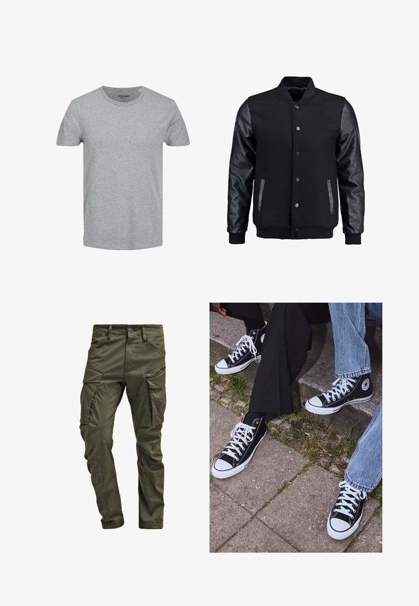 Černá bomber bunda s tělem z vlny a koženými rukávy. Má stojací límec, přední zacvakávací knoflíky a boční kapsy. Jednoduchá barva bez vzorů.; Šedé tričko s krátkým rukávem vyrobené z jemné bavlny. Má klasický kulatý výstřih a standardní střih. Jednoduchý design bez vzorů nebo akcentů.; Olivově zelené cargo kalhoty vyrobené z pevné bavlny. Obsahují několik kapsiček, boční kapsu na zip a zúžené nohavice s mírně texturovaným povrchem.; Černé kanvasové tenisky s vysokým střihem, bílé gumové podrážky a tkaničky, s kulatým logem na boku a spárované s džíny a černými kalhotami.