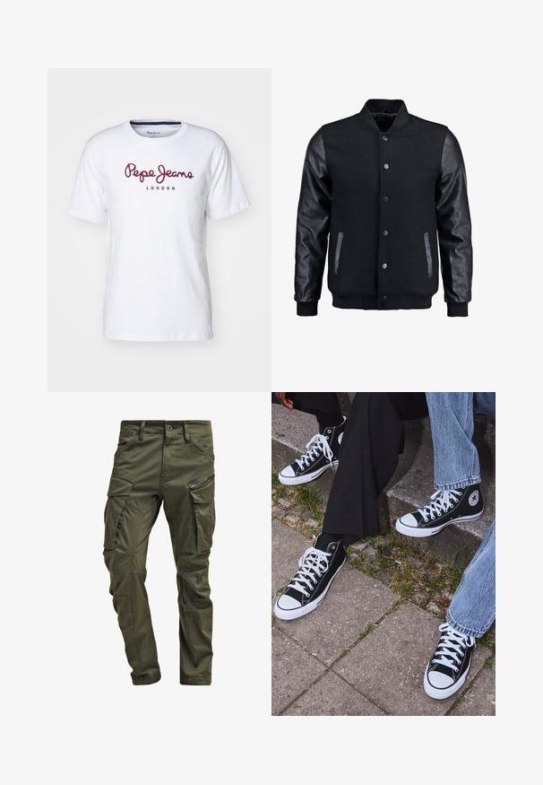 Černá bomber bunda s tělem z vlny a koženými rukávy. Má stojací límec, přední zacvakávací knoflíky a boční kapsy. Jednoduchá barva bez vzorů.; Bílý bavlněný tričko s maroon logem "Pepe Jeans" a textem "LONDON", kulatý výstřih, krátké rukávy a uvolněný střih.; Olivově zelené cargo kalhoty vyrobené z pevné bavlny. Obsahují několik kapsiček, boční kapsu na zip a zúžené nohavice s mírně texturovaným povrchem.; Černé kanvasové tenisky s vysokým střihem, bílé gumové podrážky a tkaničky, s kulatým logem na boku a spárované s džíny a černými kalhotami.