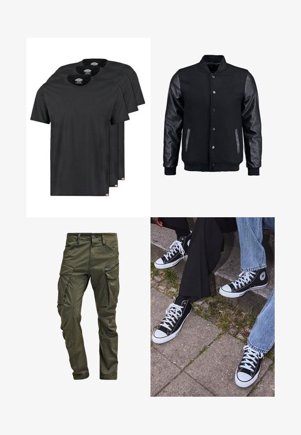 Black bomber jacket with wool body and leather sleeves. Features a standing collar, front snap buttons, and side pockets. Solid color with no patterns.; Black cotton t-shirts in a pack of three. Crew neck, short sleeves, and a smooth texture. Logo tag at the hem.; Olive green cargo pants made from sturdy cotton. Features multiple pockets, a zippered side pocket, and tapered legs with a slightly textured finish.; Black high-top canvas sneakers with white rubber soles and laces, featuring a circular logo on the side and paired with denim and black pants.