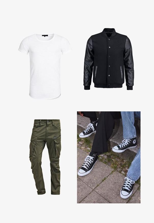 Schwarze Bomberjacke mit Wollkörper und Lederärmeln. Verfügt über einen Stehkragen, vordere Druckknöpfe und Seitentaschen. Einfarbig ohne Muster.; Weißes T-Shirt mit kurzen Ärmeln und Rundhalsausschnitt, aus leichtem Stoff mit subtiler Textur und abgerundetem Saum.; Olivgrüne Cargo-Hosen aus strapazierfähiger Baumwolle. Sie verfügen über mehrere Taschen, eine mit Reißverschluss versehene Seitentasche und ein tapered Bein mit einer leicht strukturierten Oberflächenbeschaffenheit.; Schwarzecanvas-Sneaker mit hohem Schaft, weißen Gummisohlen und Schnürsenkeln, die ein rundes Logo an der Seite besitzen und mit Denim- sowie schwarzen Hosen kombiniert sind.