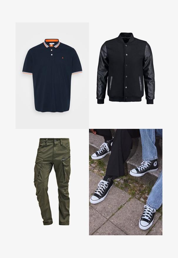 Fekete bomber dzseki gyapjú testtel és bőr ujjal. Jellemzője a felálló gallér, elöl gombos záródás, valamint oldalsó zsebek. Egyszínű, mintázat nélkül.; Sötétkék pamut póló ing, narancs és szürke csíkos gallérral, három gombos záródással és kicsi hímezett logóval a mellen.; Olíva zöld cargo nadrág, erős pamutból készült. Több zsebbel, egy cipzáras oldalzsebbel és enyhén texturált felülettel ellátott, a szárai felé szűkülnek.; Fekete magas szárú vászon sportcipők fehér gumi talppal és fűzőkkel, az oldalukon kör alakú logóval, farmernadrággal és fekete nadrággal párosítva.