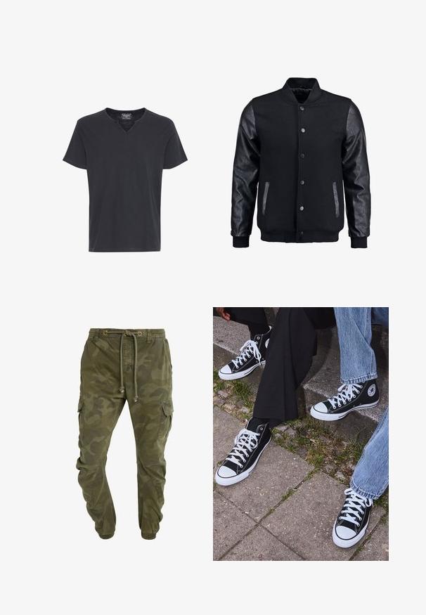 Mustmust on musta jope, millel on villane keha ja nahkvarrukad. Omab seisvat kraed, esisiidme nööpe ja küljetaskuid. Ühtlane värv, ilma mustriteta.; Meeste tumedahall lühikeste varrukatega V-kaelusega särk. Valmistatud pehmest kangast, mis on mugava lõikega ning kontrastsete õmblustega kaela ja varrukate ääres.; Roheline kamokiri musteriga cargo püksid, millel on kummist vöökoht, elastsed kraed ja küljetaskud. Valmistatud vastupidavast kangast.; Mustad musta värvi kõrged kanvasist tossud valgete kummitaldade ja nööridega, külgedel ringikujuline logo ning kombineeritud denimist ja mustade pükstega.