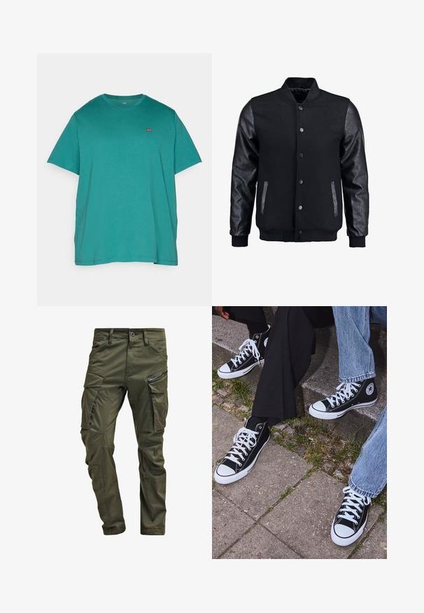 Fekete bomber dzseki gyapjú testtel és bőr ujjal. Jellemzője a felálló gallér, elöl gombos záródás, valamint oldalsó zsebek. Egyszínű, mintázat nélkül.; Levi's® Plus BIG ORIGINAL TEE - Basic póló - deep jungle; Olíva zöld cargo nadrág, erős pamutból készült. Több zsebbel, egy cipzáras oldalzsebbel és enyhén texturált felülettel ellátott, a szárai felé szűkülnek.; Fekete magas szárú vászon sportcipők fehér gumi talppal és fűzőkkel, az oldalukon kör alakú logóval, farmernadrággal és fekete nadrággal párosítva.