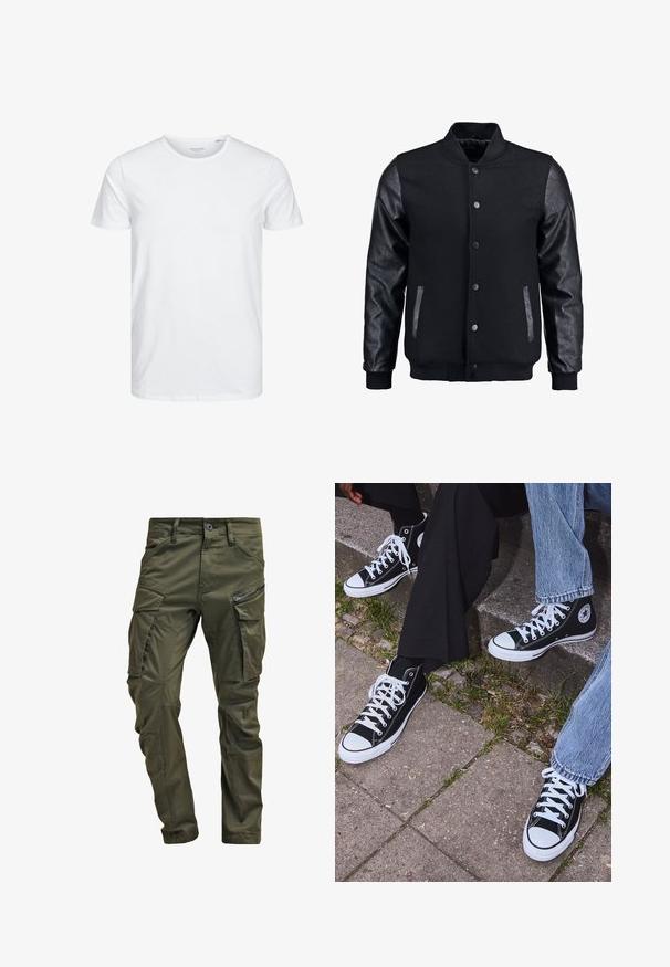 Mustmust on musta jope, millel on villane keha ja nahkvarrukad. Omab seisvat kraed, esisiidme nööpe ja küljetaskuid. Ühtlane värv, ilma mustriteta.; Ümmarguse kaelusega lühikeste varrukatega T-särk, mis on puhtast valgest pehmest puuvillast, omab lihtsat disaini ilma nähtavate mustrite või aktsentideta.; Olive rohelised cargo püksid, mis on valmistatud vastupidavast puuvillast. Omavad mitmeid taskuid, ühe lukuga küljetasku ja kergelt tekstureeritud kitsenevaid jalgu.; Mustad musta värvi kõrged kanvasist tossud valgete kummitaldade ja nööridega, külgedel ringikujuline logo ning kombineeritud denimist ja mustade pükstega.